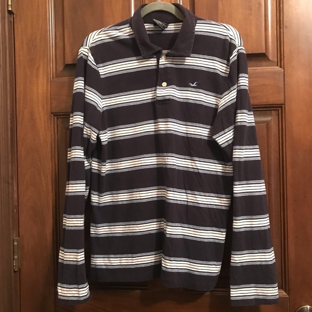 Hollister Mens Striped Blue Long Sleeve Polo Large